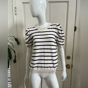 DOKOTOO NEW! Cream/Black Striped Short Puff Sleeve Cotton Sweater Sz L